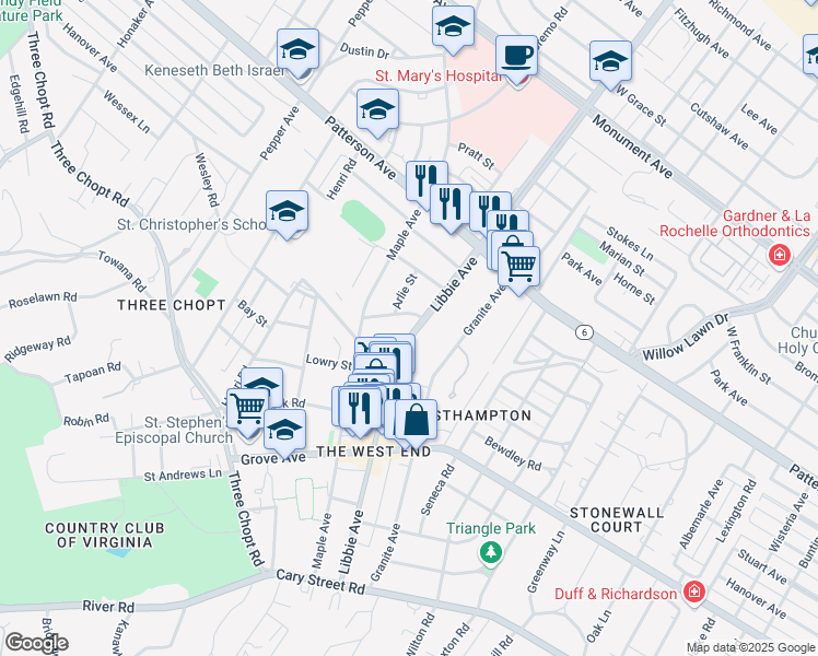 map of restaurants, bars, coffee shops, grocery stores, and more near 512 Libbie Avenue in Richmond