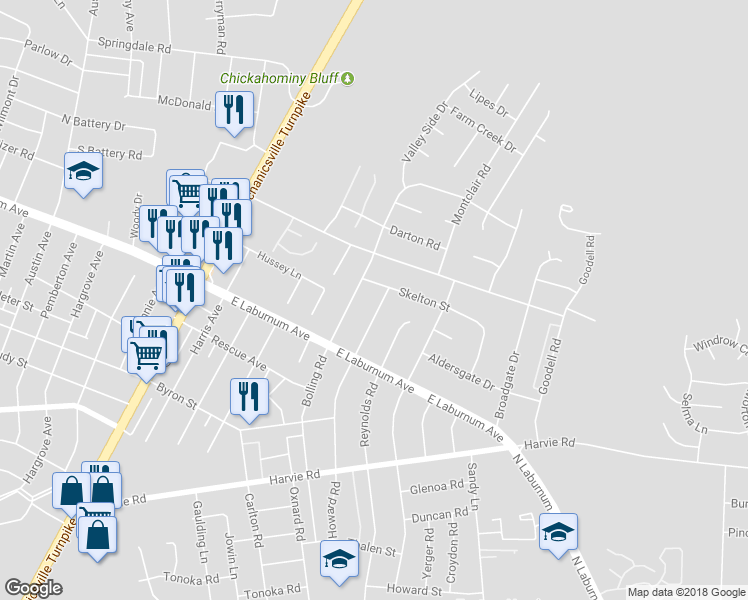 map of restaurants, bars, coffee shops, grocery stores, and more near 3840 Howard Road in Richmond