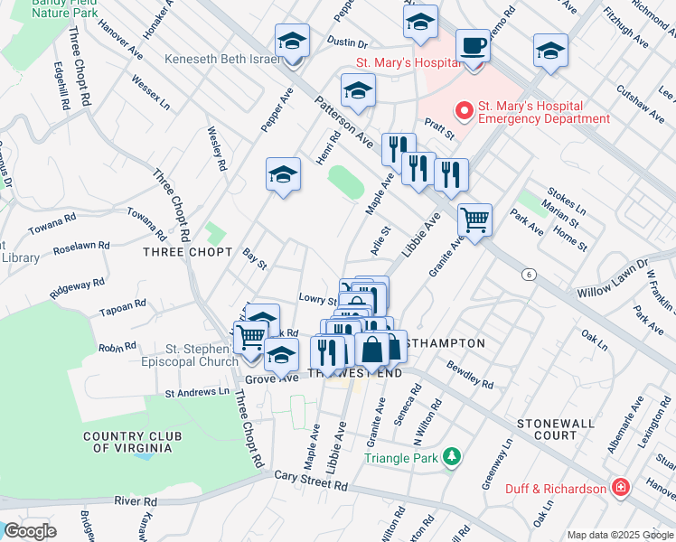 map of restaurants, bars, coffee shops, grocery stores, and more near 5900 Fergusson Road in Richmond
