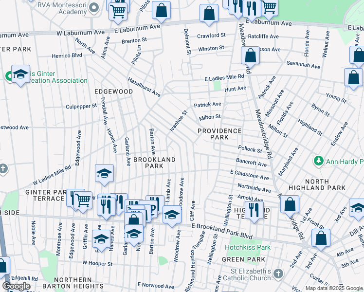 map of restaurants, bars, coffee shops, grocery stores, and more near 3225 Woodrow Avenue in Richmond
