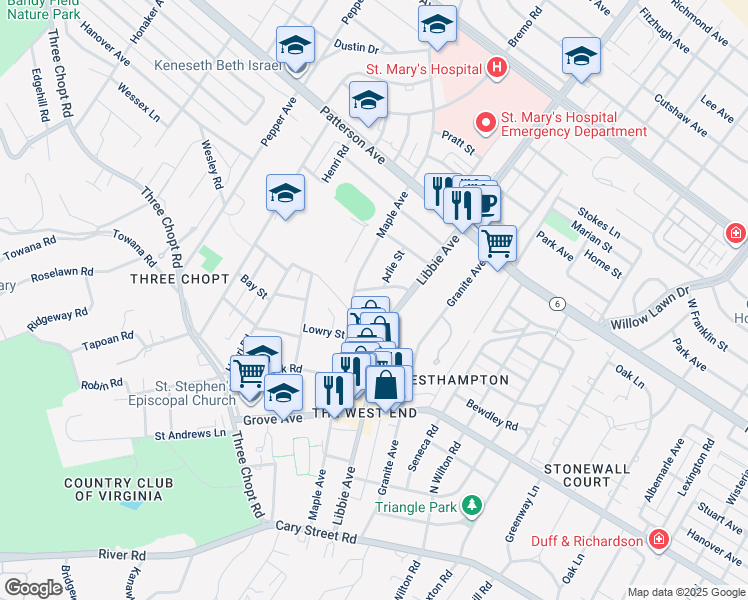 map of restaurants, bars, coffee shops, grocery stores, and more near 5809 Guthrie Avenue in Richmond