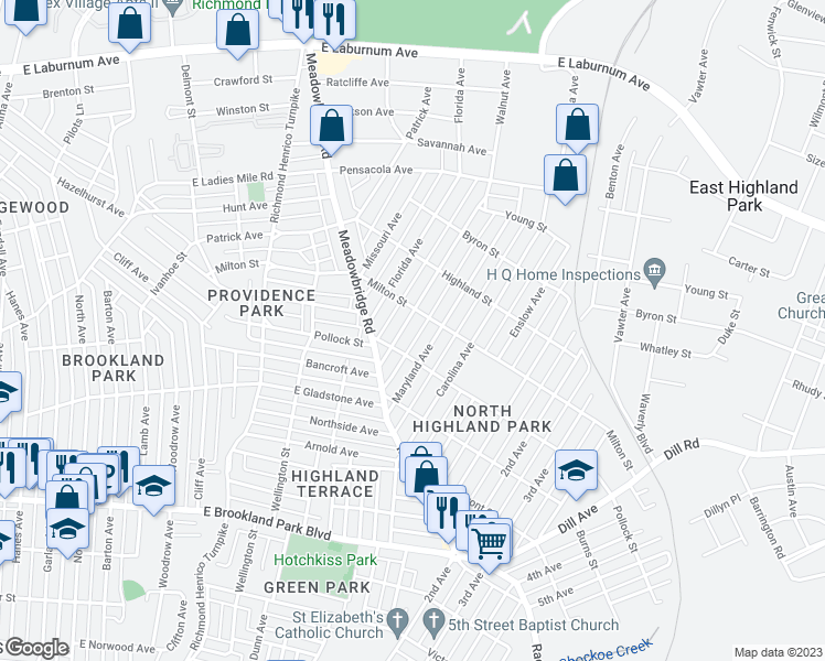 map of restaurants, bars, coffee shops, grocery stores, and more near 3315 Delaware Avenue in Richmond