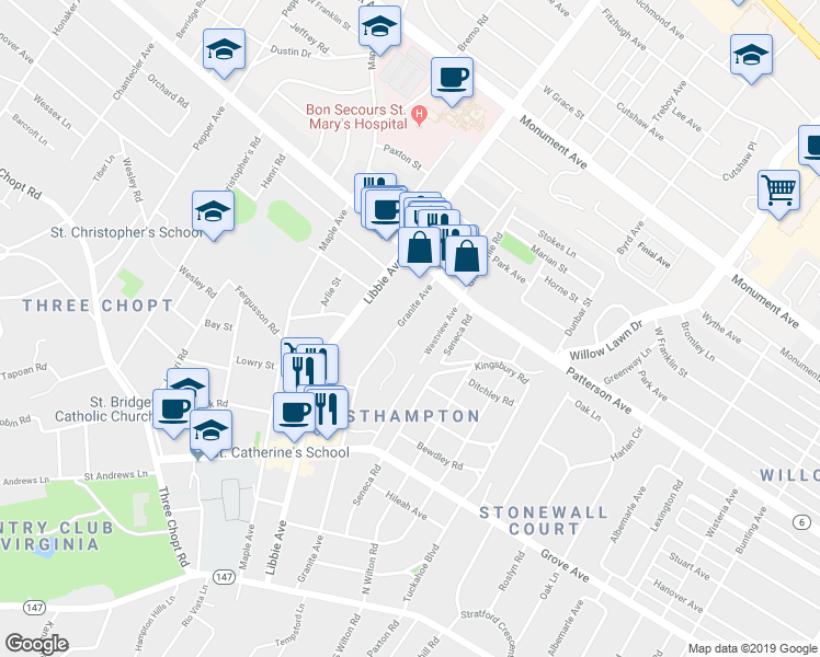 map of restaurants, bars, coffee shops, grocery stores, and more near 519 Granite Avenue in Richmond