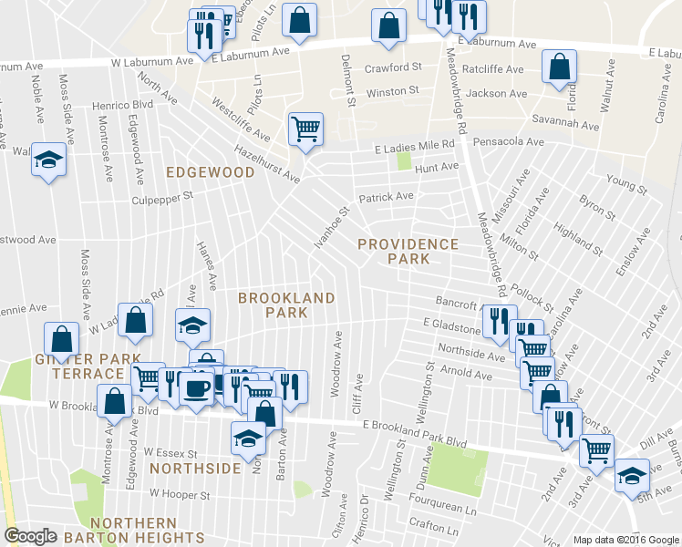 map of restaurants, bars, coffee shops, grocery stores, and more near 3225 Woodrow Avenue in Richmond