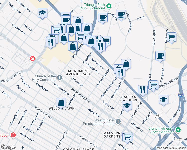 map of restaurants, bars, coffee shops, grocery stores, and more near 4618 Augusta Avenue in Richmond