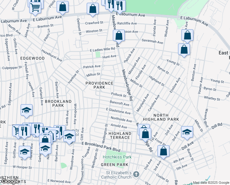 map of restaurants, bars, coffee shops, grocery stores, and more near 600 Pollock Street in Richmond