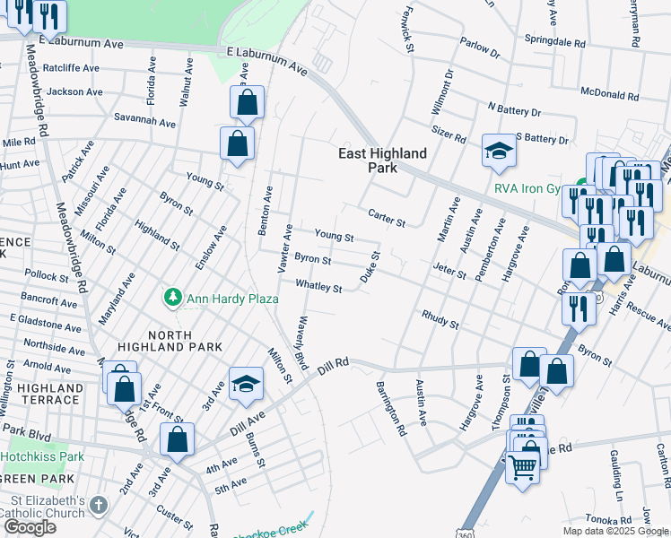 map of restaurants, bars, coffee shops, grocery stores, and more near 1509 Byron Street in Richmond