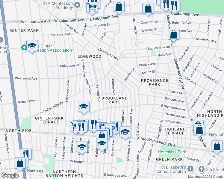 map of restaurants, bars, coffee shops, grocery stores, and more near 3304 Barton Avenue in Richmond