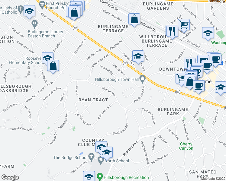 map of restaurants, bars, coffee shops, grocery stores, and more near 7 Windsor Drive in Hillsborough