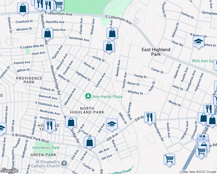 map of restaurants, bars, coffee shops, grocery stores, and more near 3509 1st Avenue in Richmond