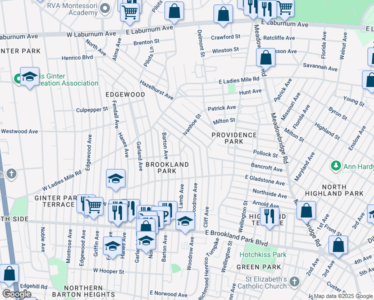 map of restaurants, bars, coffee shops, grocery stores, and more near 3236 Woodrow Avenue in Richmond