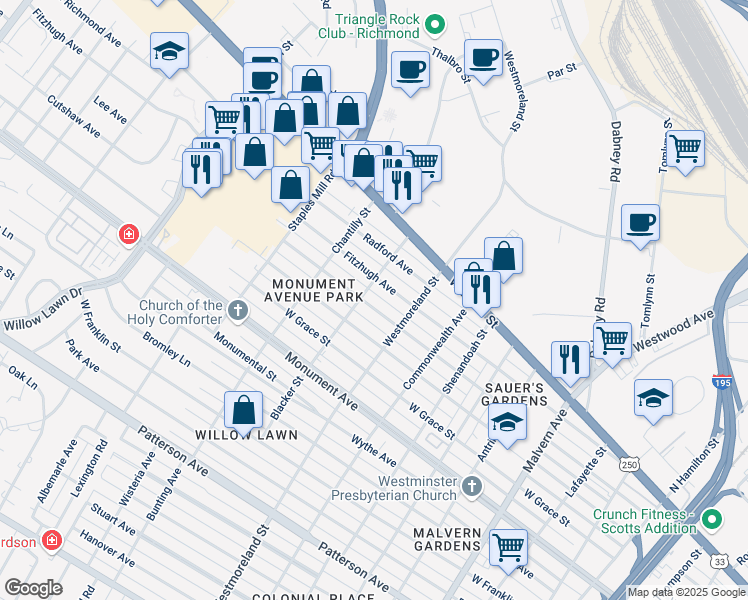 map of restaurants, bars, coffee shops, grocery stores, and more near 4618 Augusta Avenue in Richmond