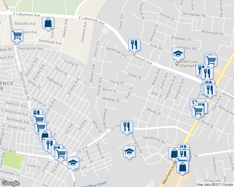map of restaurants, bars, coffee shops, grocery stores, and more near 1509 Byron Street in Richmond