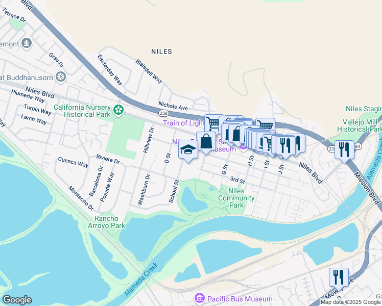 map of restaurants, bars, coffee shops, grocery stores, and more near 37141 2nd Street in Fremont