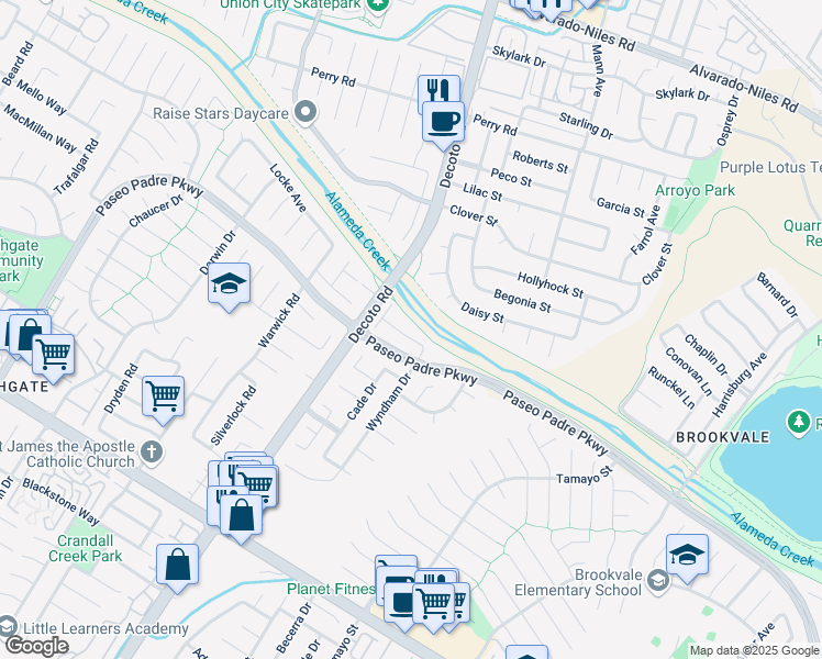 map of restaurants, bars, coffee shops, grocery stores, and more near 3173 Waugh Place in Fremont
