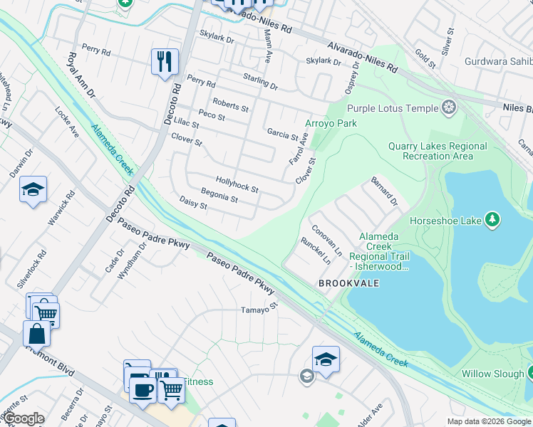 map of restaurants, bars, coffee shops, grocery stores, and more near 35037 Begonia Street in Union City