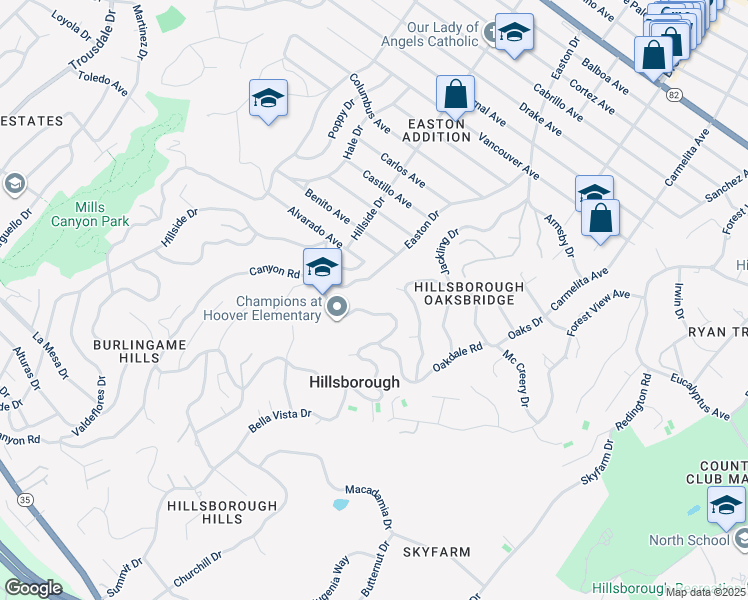 map of restaurants, bars, coffee shops, grocery stores, and more near 2280 Summit Drive in Hillsborough