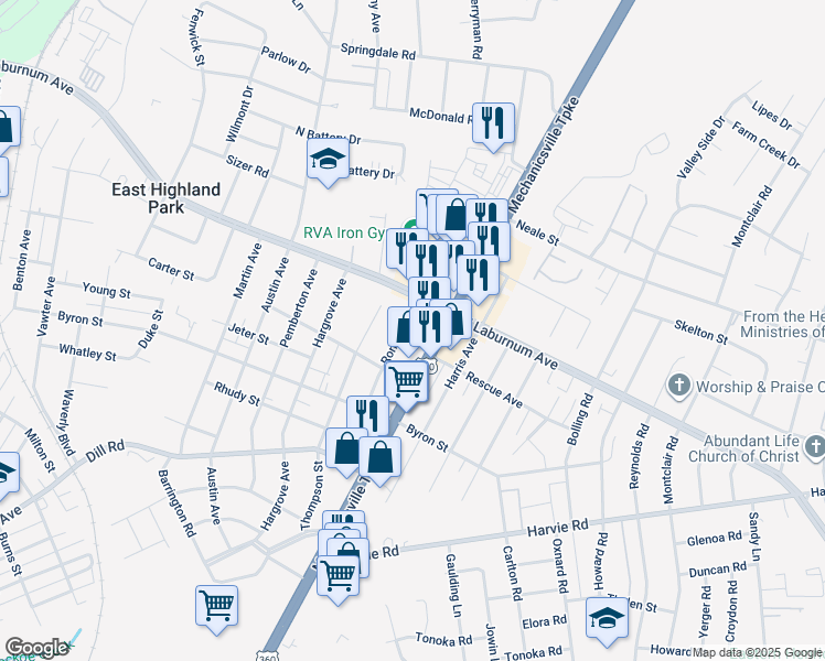 map of restaurants, bars, coffee shops, grocery stores, and more near 3817 Ronnie Avenue in Richmond