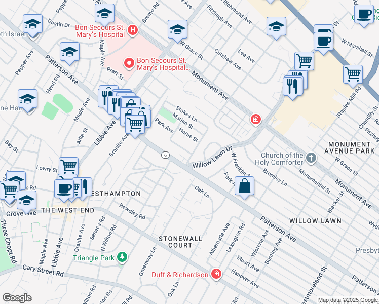 map of restaurants, bars, coffee shops, grocery stores, and more near 5301 Snowden Lane in Richmond