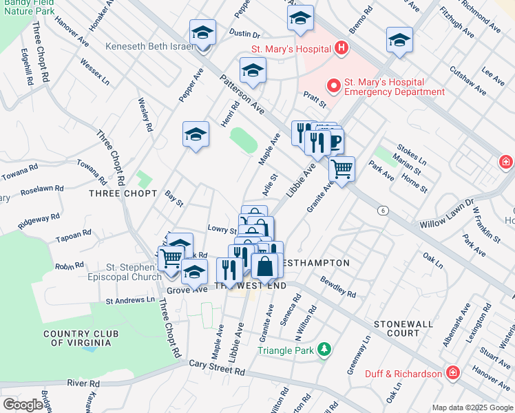 map of restaurants, bars, coffee shops, grocery stores, and more near 5809 Guthrie Avenue in Richmond