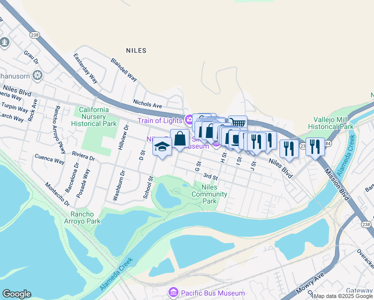 map of restaurants, bars, coffee shops, grocery stores, and more near 37230 2nd Street in Fremont