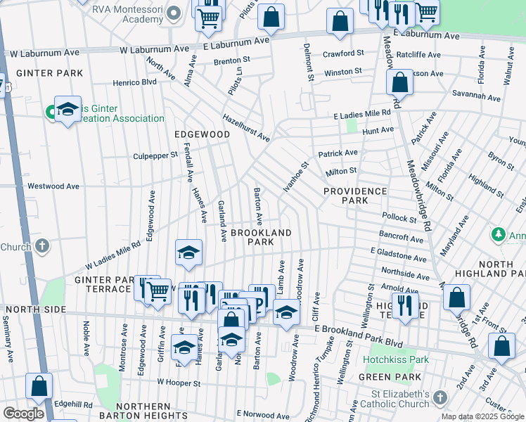 map of restaurants, bars, coffee shops, grocery stores, and more near 3305 Barton Avenue in Richmond