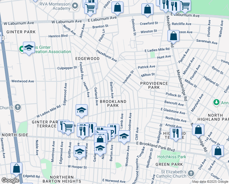 map of restaurants, bars, coffee shops, grocery stores, and more near 3305 Barton Avenue in Richmond