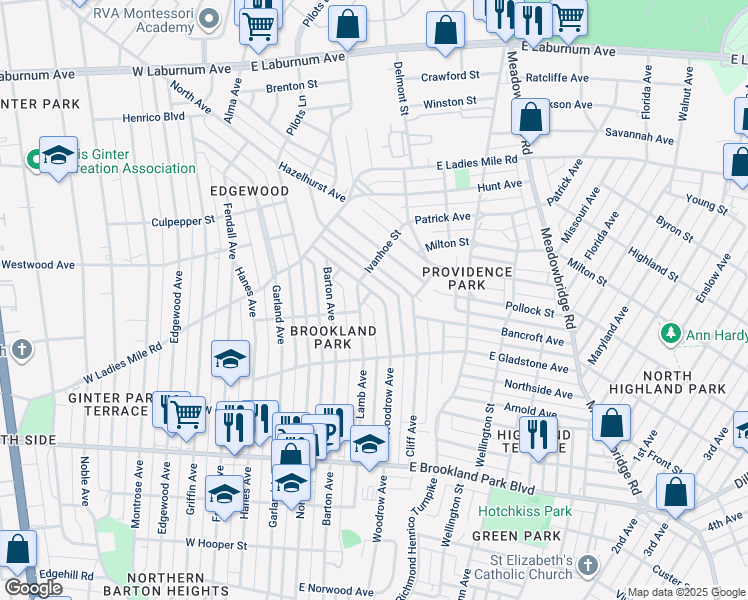 map of restaurants, bars, coffee shops, grocery stores, and more near 3236 Woodrow Avenue in Richmond