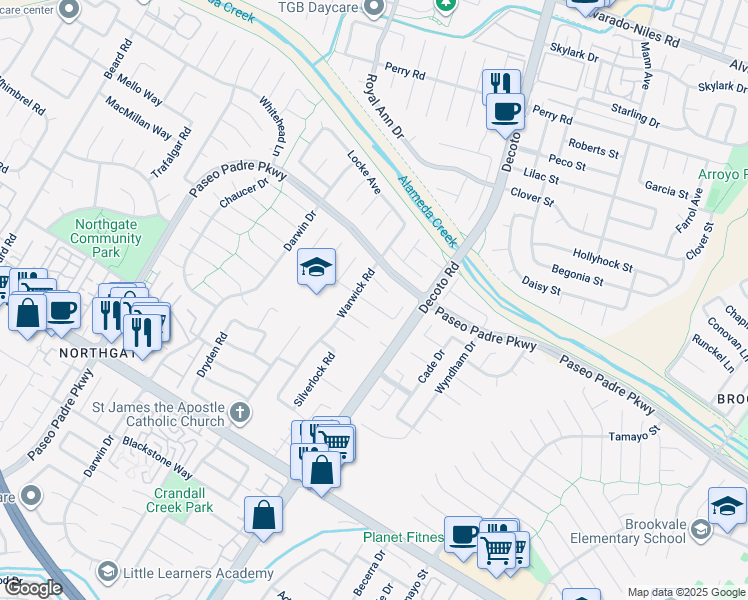 map of restaurants, bars, coffee shops, grocery stores, and more near 34840 Gladstone Place in Fremont