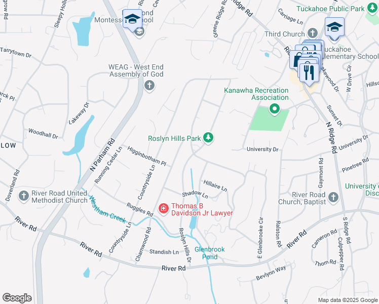 map of restaurants, bars, coffee shops, grocery stores, and more near 110 Roslyn Hills Drive in Richmond