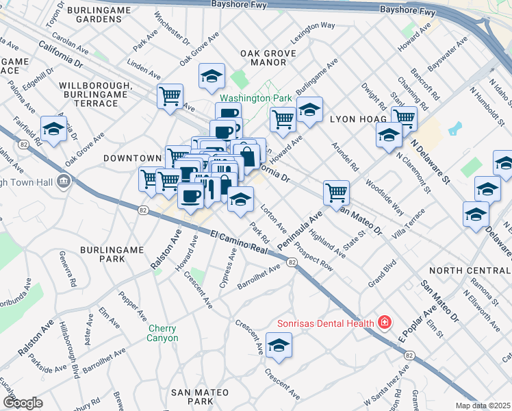 map of restaurants, bars, coffee shops, grocery stores, and more near 110 Park Road in Burlingame
