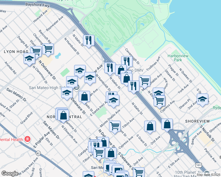 map of restaurants, bars, coffee shops, grocery stores, and more near 332 North Humboldt Street in San Mateo