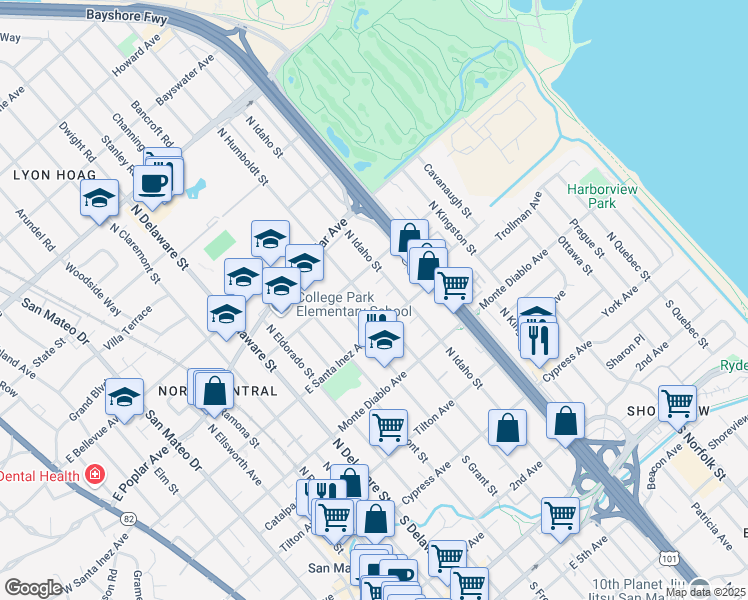 map of restaurants, bars, coffee shops, grocery stores, and more near 332 North Humboldt Street in San Mateo
