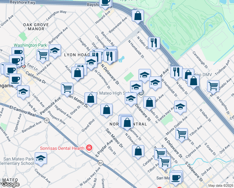map of restaurants, bars, coffee shops, grocery stores, and more near 616 North Claremont Street in San Mateo