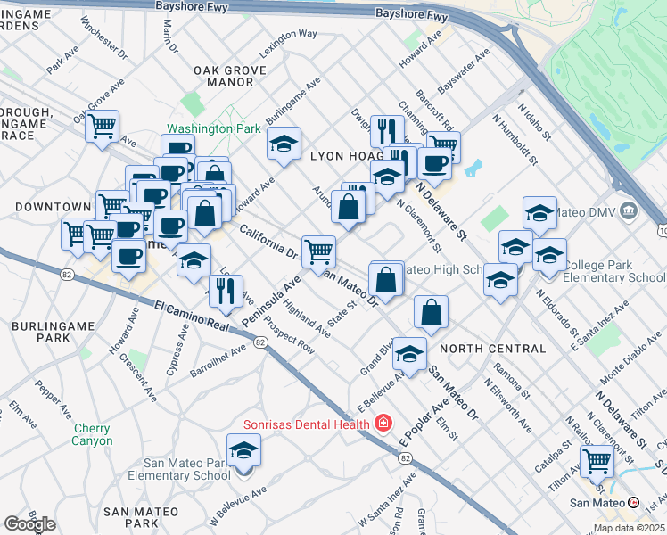 map of restaurants, bars, coffee shops, grocery stores, and more near 888 North San Mateo Drive in San Mateo
