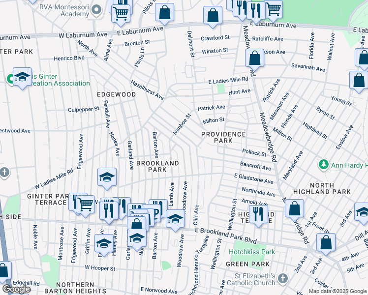 map of restaurants, bars, coffee shops, grocery stores, and more near 3229 Woodrow Avenue in Richmond