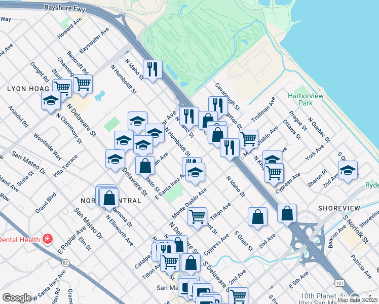 map of restaurants, bars, coffee shops, grocery stores, and more near 332 North Humboldt Street in San Mateo