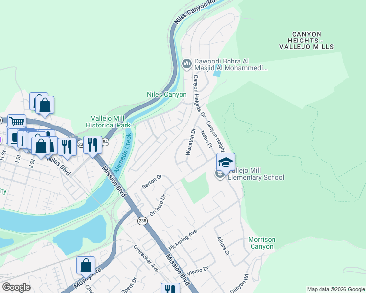 map of restaurants, bars, coffee shops, grocery stores, and more near 651 Wasatch Drive in Fremont