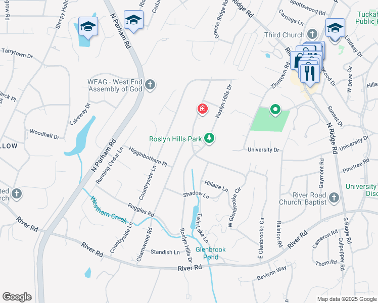 map of restaurants, bars, coffee shops, grocery stores, and more near 110 Roslyn Hills Drive in Richmond