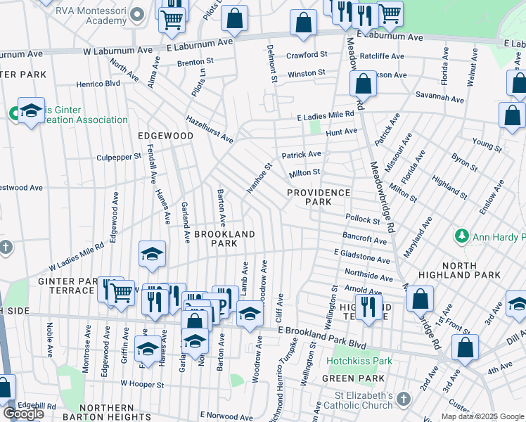 map of restaurants, bars, coffee shops, grocery stores, and more near 3229 Woodrow Avenue in Richmond