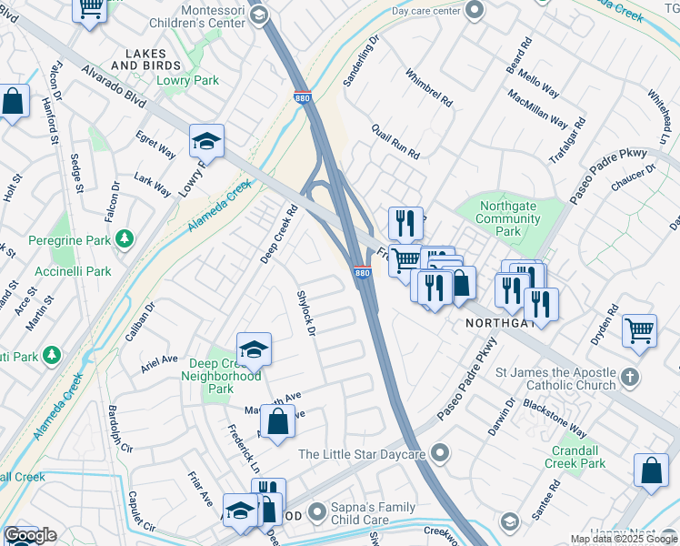 map of restaurants, bars, coffee shops, grocery stores, and more near 4243 Nerissa Circle in Fremont