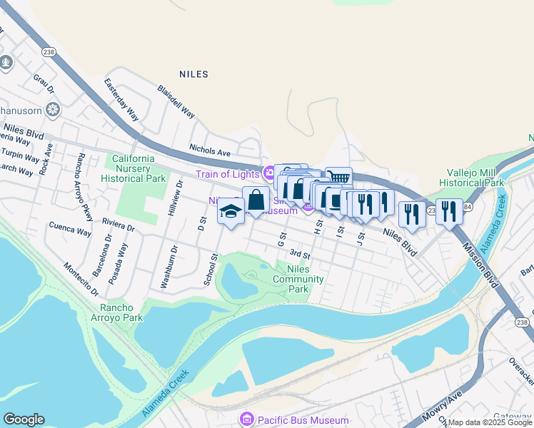 map of restaurants, bars, coffee shops, grocery stores, and more near 37230 2nd Street in Fremont