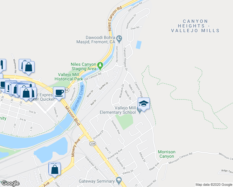 map of restaurants, bars, coffee shops, grocery stores, and more near 651 Wasatch Drive in Fremont
