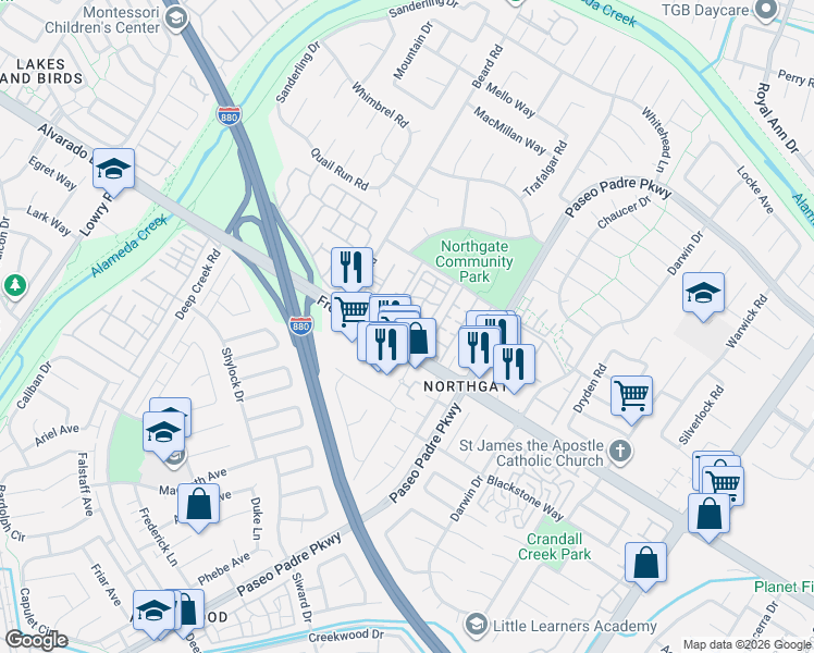 map of restaurants, bars, coffee shops, grocery stores, and more near 34093 Westchester Terrace in Fremont