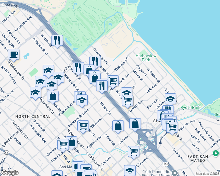 map of restaurants, bars, coffee shops, grocery stores, and more near 159 North Kingston Street in San Mateo