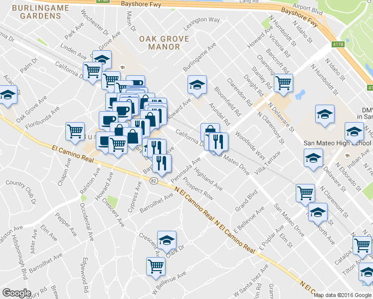 map of restaurants, bars, coffee shops, grocery stores, and more near 15 Highland Avenue in Burlingame