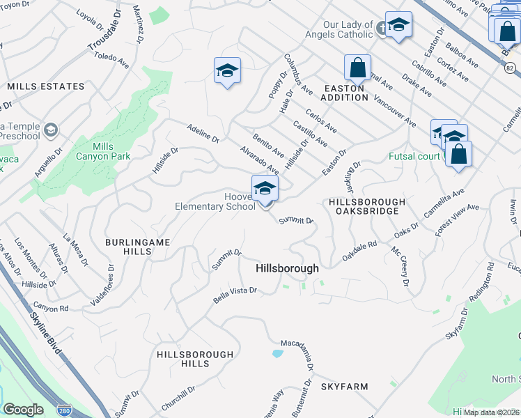 map of restaurants, bars, coffee shops, grocery stores, and more near 2220 Summit Drive in Hillsborough