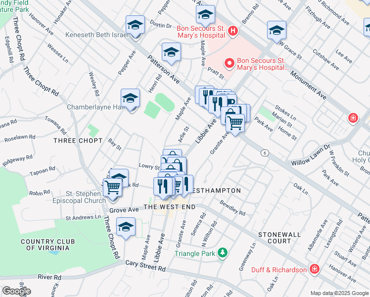 map of restaurants, bars, coffee shops, grocery stores, and more near 507 Libbie Avenue in Richmond