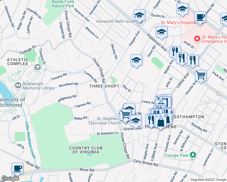 map of restaurants, bars, coffee shops, grocery stores, and more near 410 Saint Christopher's Road in Richmond