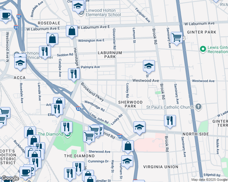 map of restaurants, bars, coffee shops, grocery stores, and more near 3314 Gloucester Road in Richmond